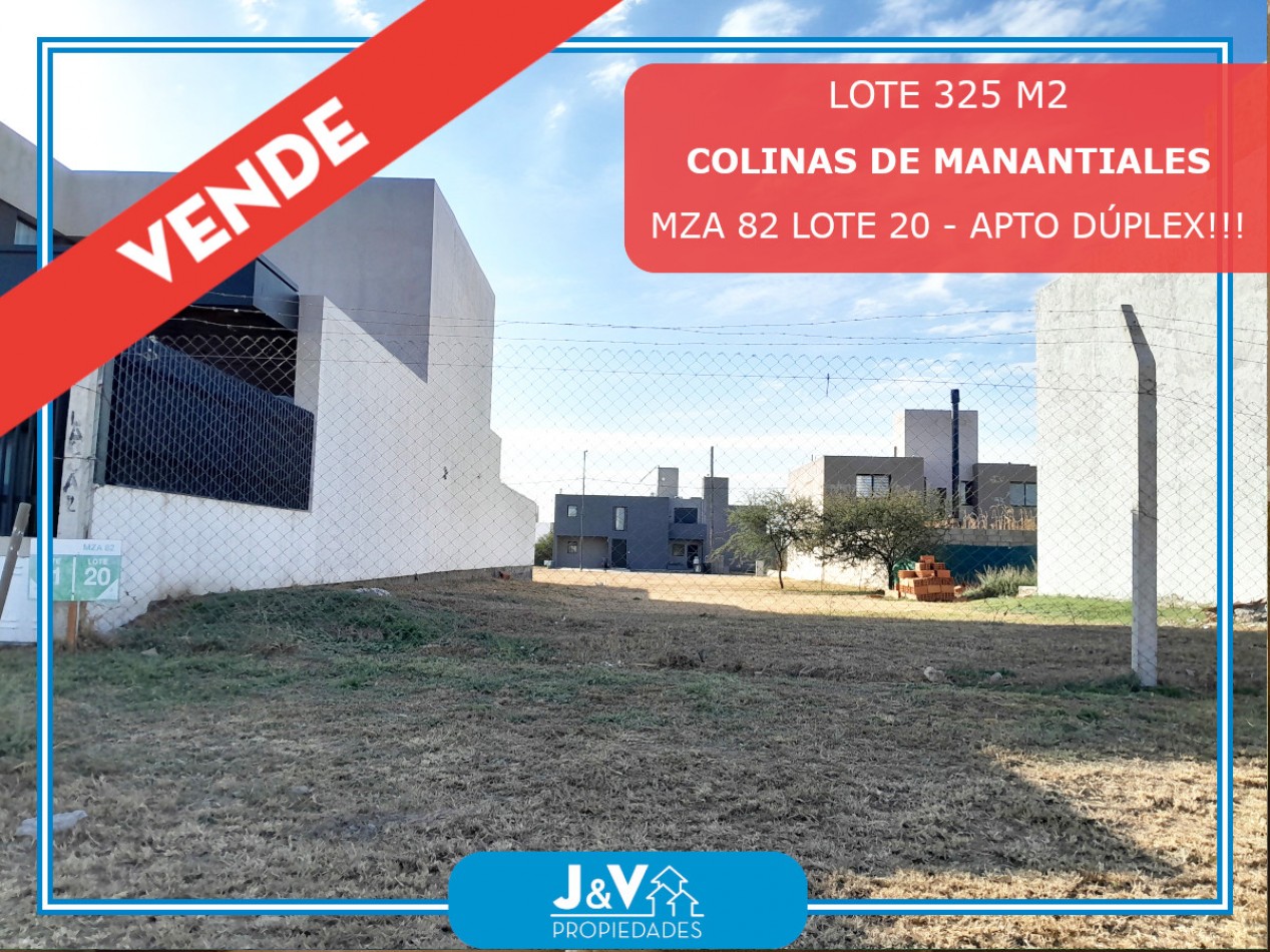 LOTE EN VENTA COLINAS DE MANANTIALES. 325 m2. APTO DUPLEX 