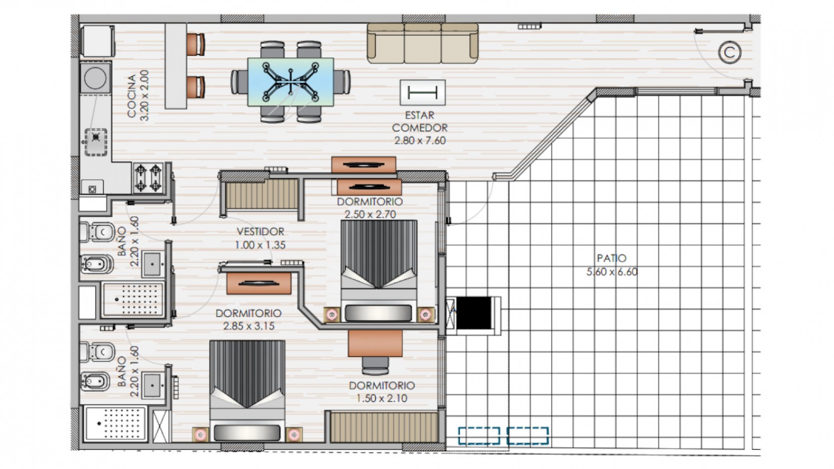 VENDO DEPARTAMENTO 2 DORM. A ESTRENAR EN PLANTA BAJA. B° NUEVA CORDOBA. TOTALMENTE AMOBLADO!!!