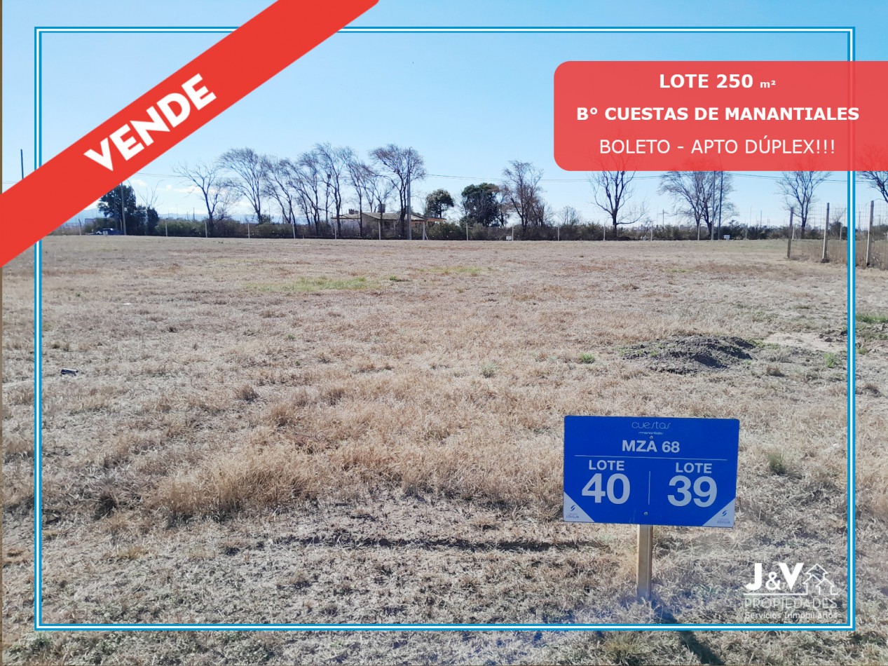 Vendo lote de 250 m² en Cuestas de Manantiales - Apto Duplex
